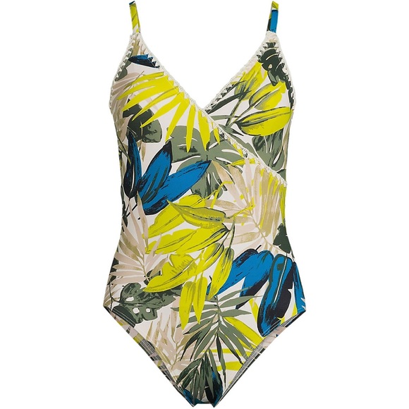 Lands end Smoothing Control Crochet Stitch Surplice High Leg One Piece Swimsuit - Picture 4 of 5